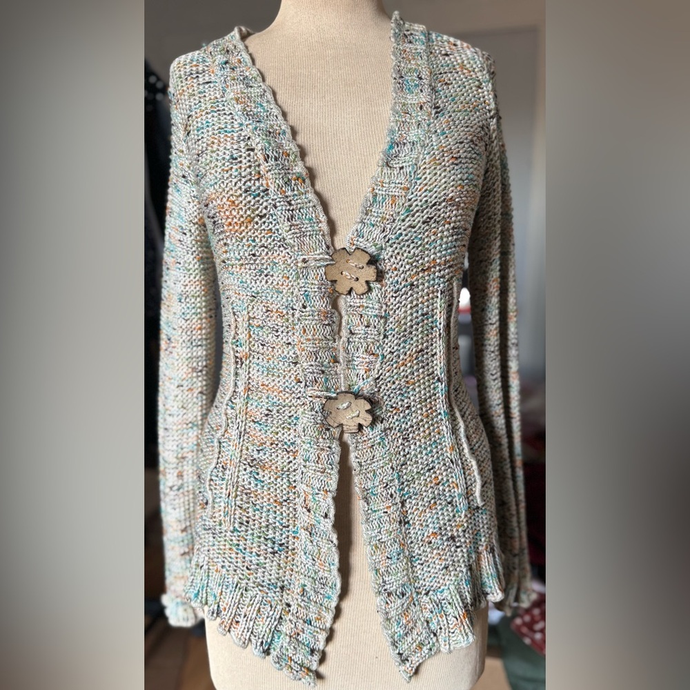 BCBG Maxazria Green Multi Color Flower Button Women's Knit Sweater Medium